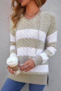 Apricot Color Block Side Slit Knitted Hooded Sweater