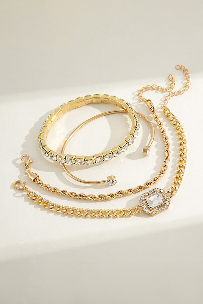 Gold 4pcs Diamond Chained Braided Bangle Bracelet Set