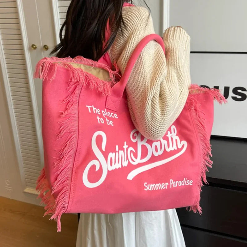 Korean Letters Tassel Canvas Bag Large Capacity Bag  Simple Commuter Student To Single Shoulder Tote Bag Handbags for Women 2024