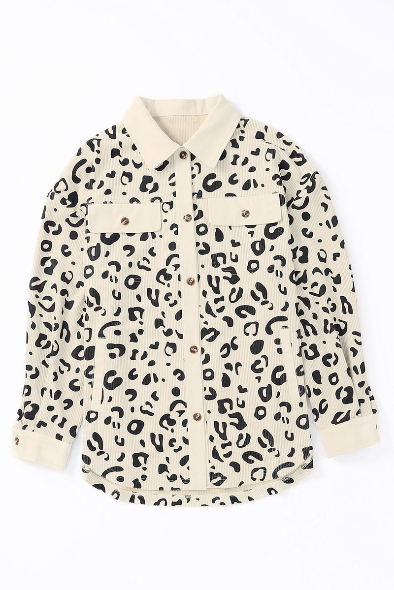 Apricot Collared Neckline Flap Pockets Leopard Corduroy Jacket