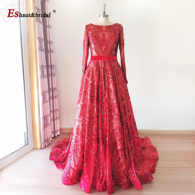 Dubai A-Line Luxury Wedding Evening Dress for Women Muslim 2024 Long Sleeves Sequin Plus Size Formal Prom Party Gown Customized