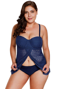 Navy Blue Lace Flyaway Underwired Plus Size Tankini Bathing Suit