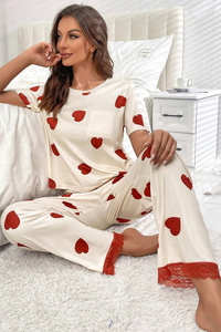 White Valentines Heart Print Lace Hem Tee Pants Pajama Set