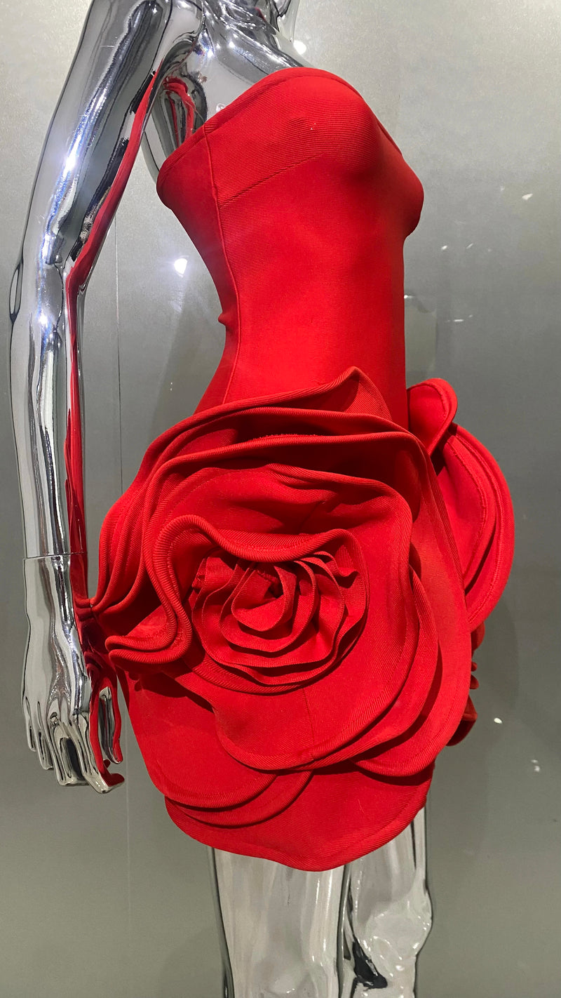 2024 Stereoscopic Flowers Strapless Red Bandage Mini Evening Dress Fashion Woman Birthday Party Dress Celebrity Party Outfit