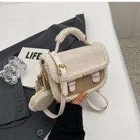 2023 Winter New Women's Plush Small Square Bag Color Contrast Design Single Shoulder Crossbody Bag Brown Handbag