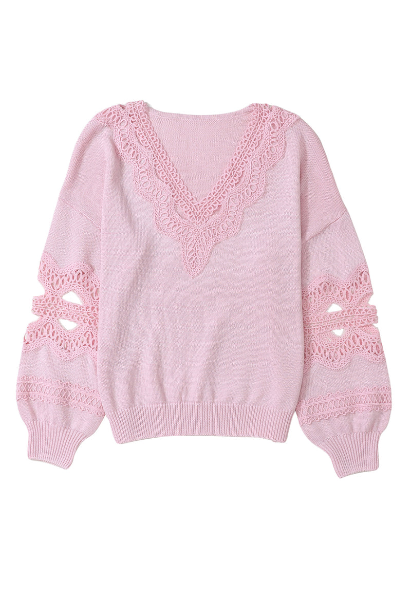 Pink Hollowed Lace Splicing V Neck Loose Sweater