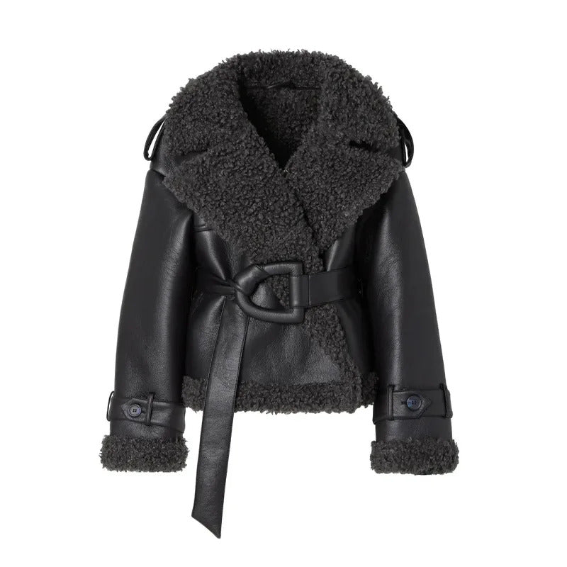 Women Black Lamb Wool Patchwork Leather Overcoat Fashion Lapel High Waist Pockets Jacket With Belt Winter Lady Street Warm Coats