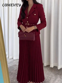 Elegant Women's Two Pieces Set Single-breasted Lapel Large Size Coat Belt Pleated Midi Skirt Suit 2025 Lady New In Matching Sets