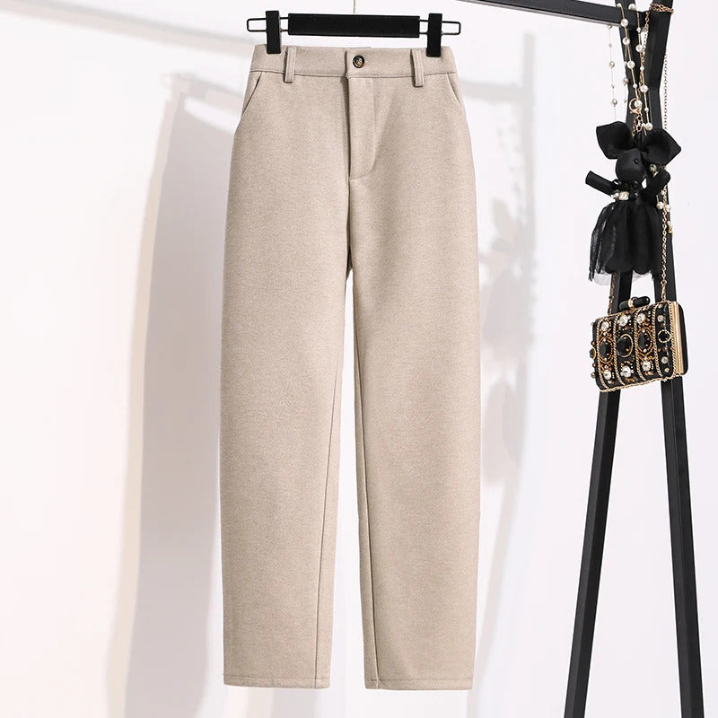 Plus Size Woolen Pants Women 2024 Autumn Winter New Arrivals Beige Or Black Suit Pants Trousers Korean Style Elastic Waist Pants