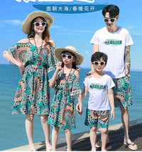 Family Matching Outfits 2022 Summer Beach Mother Daughter Floral Dresses Dad Son Cotton T-shirt & Shorts Couple Outfit Seaside