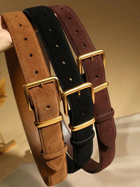 Luxury Suede Cowhide Leather Belt for Women, Vintage Style with Gold Buckle, 3.3cm Wide Waistband for Dresses & Jeans