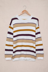 Brown Striped Crewneck Long Sleeve Sweater