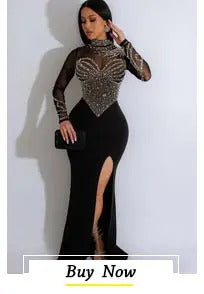 Beyprern Luxury Black Crystal Long Maxi Dress Gown Sparkle Mesh Patchwork High Slit Party Club Dress Birthday Outfits Night Wear