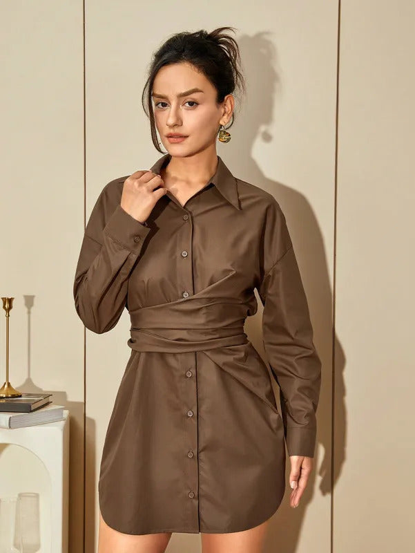 AEL Lady 2024 fall mid-skirt women's commuter long-sleeved lapel design sense of cross drop pleated waist shirtdress