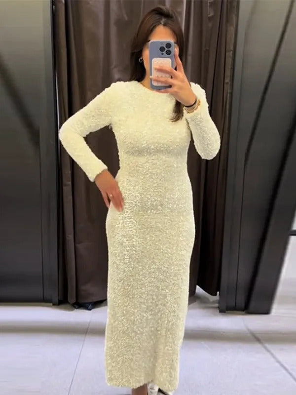 Elegant Sequined Solid Women Dresses Full Sleeve O Neck Lady Maxi Dress 2024 Fashion Sexy Party Evening Straight Female Vestidos