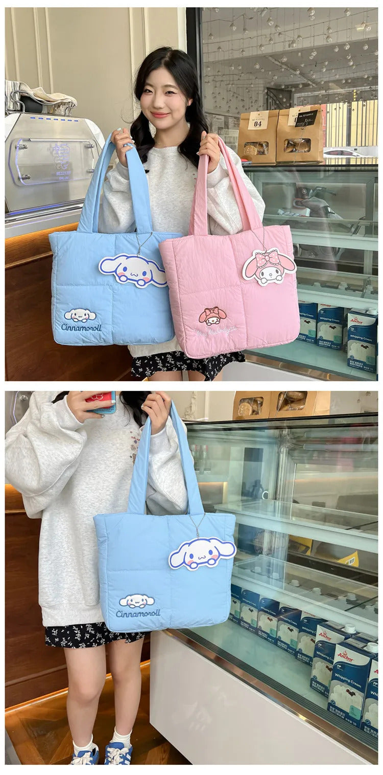 2024 New Sanrio Handbag Cartoon Cute Down Fabric Kuromi Tote Bag Shoulder Pacha Dog Cute Stationery Bag Large Capacity Handbag