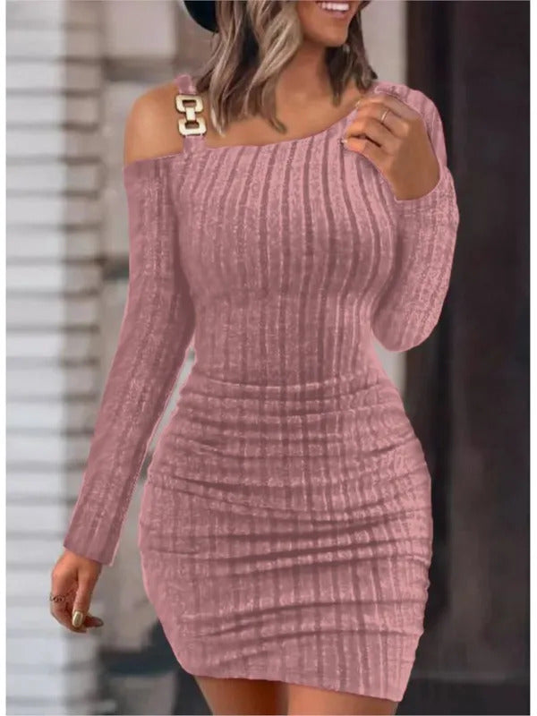 Sexy Chain Off Shoulder Mini Dress Women Autumn Fashion Bodycon Long Sleeve Dresses For Women Winter Skinny Knitted Vestidaos