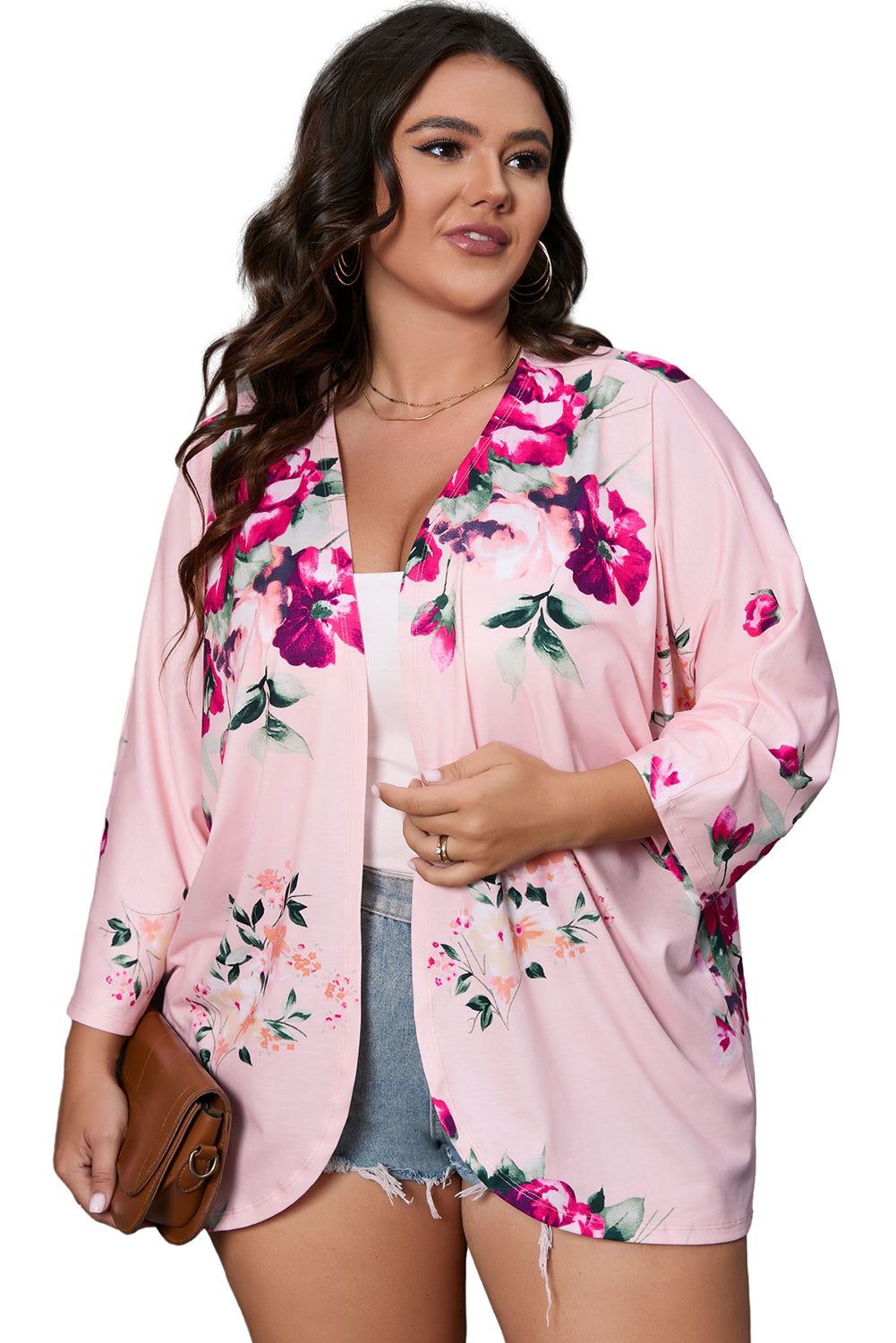 Pink Plus Size Floral Print Kimono