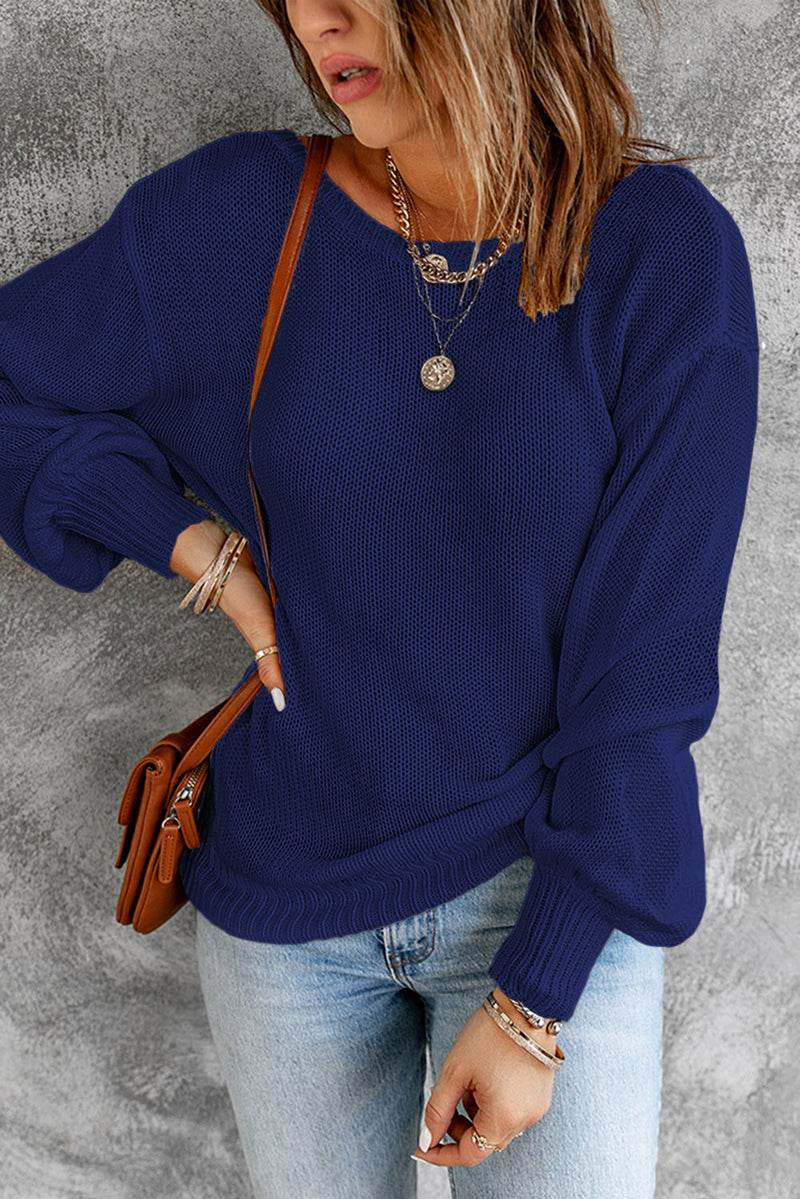 Blue Drop Shoulder Back Cut-out Sweater with Tie