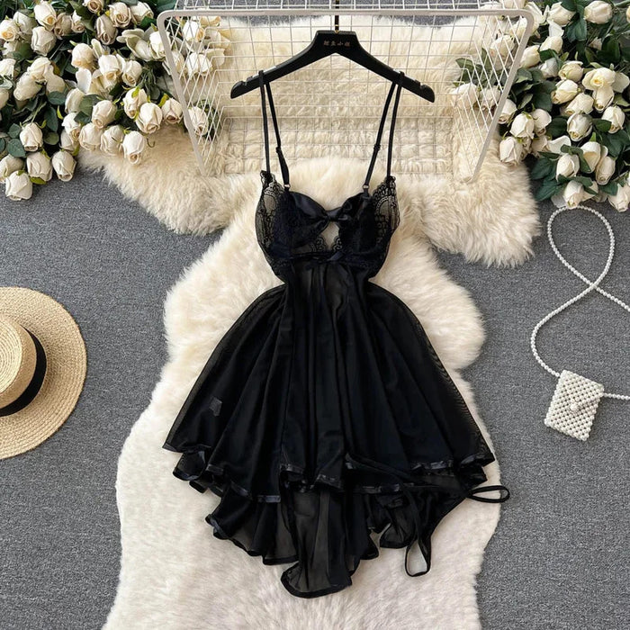 Strap Bow Hot Women Nightwear Mesh Sexy Night Dress Thin Tansparent Lace Pajamas Dress+Thong 2024 Lady Romantic Backless Nightie