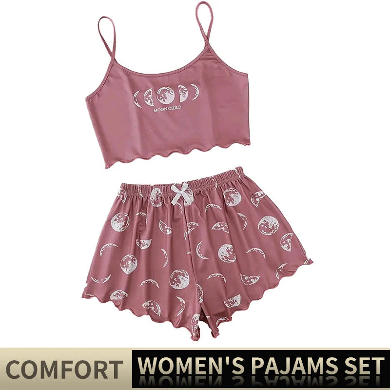 Women Pajamas Sleepwear Pajama Set Sports Camisole And Shorts S M L Pink Moon And Planet Print Summer Soft Comfortabl Casual