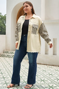 Apricot Plus Size Leopard Sleeve Raw Hem Denim Jacket