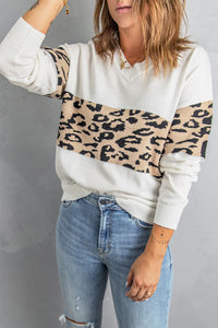 Black Leopard Colorblock V Neck Knit Sweater