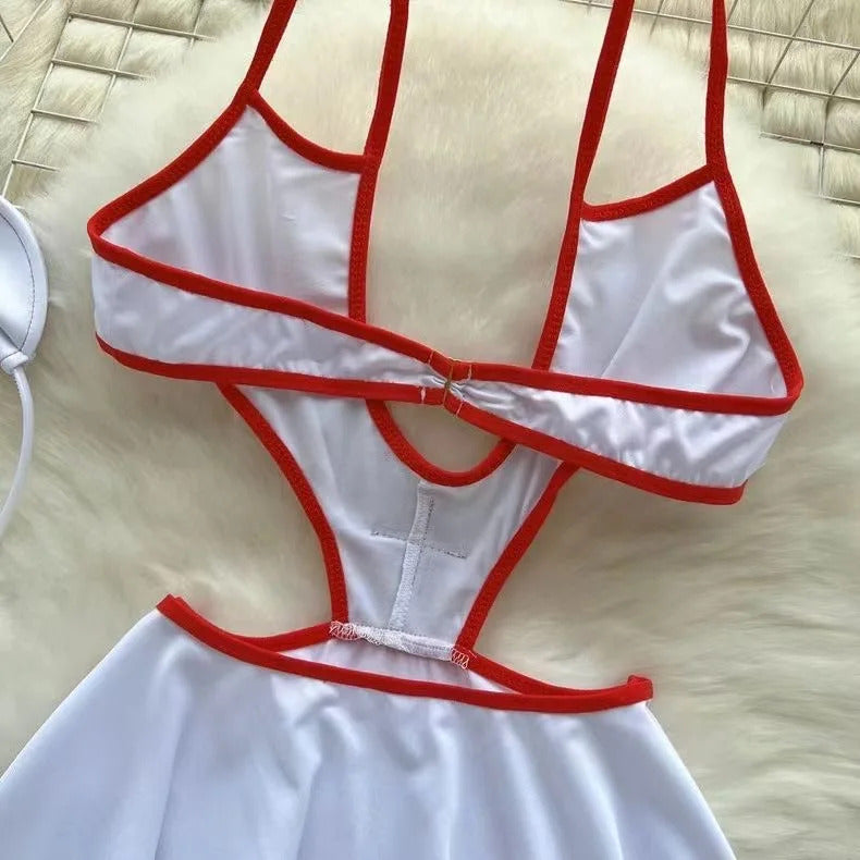 Dropped Waist Women's Sexy Sweet Nurse Cosplay Uniform Lingerie Set Revealing Neckline Lace Trimmed Nightgown Costume Dresses