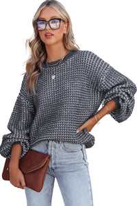 Blue Heathered Knit Drop Shoulder Puff Sleeve Sweater