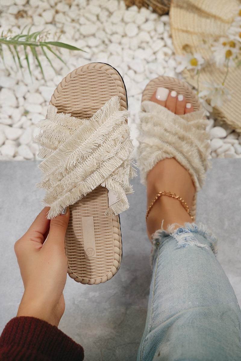 Beige Bohemian Cross Criss Tassel Slippers