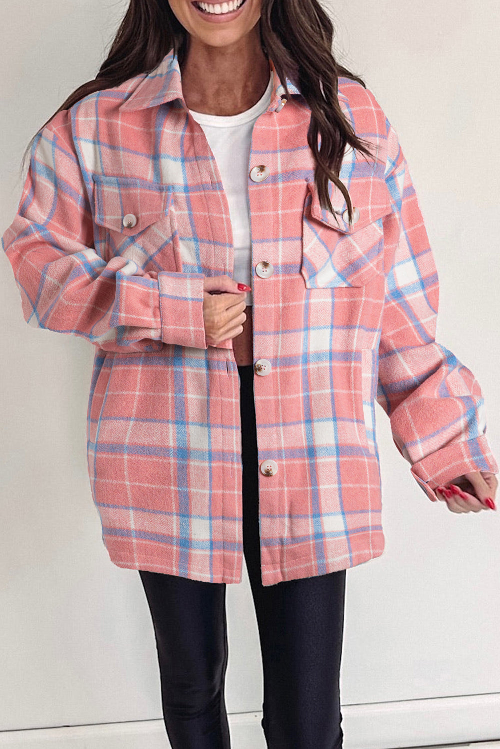 Pink Plaid Flap Pocket Button Up Shacket