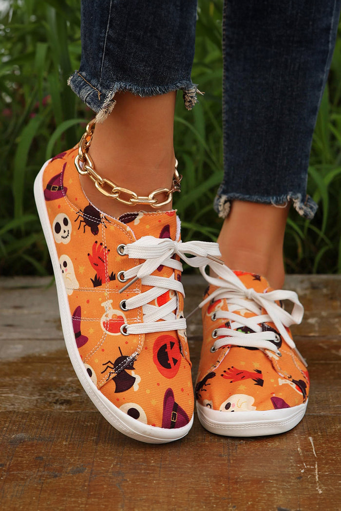 Orange Halloween Pumpkin Ghost Print Lace-up Flat Shoes