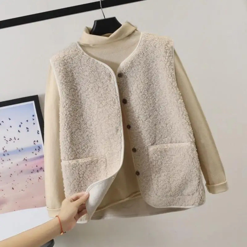 Vests New Spring Autumn Women Button Waistcoat Lamb Hair Winter Thermal Warm Thick Fleece Vests Sleeveless Jacket Ladies Coats