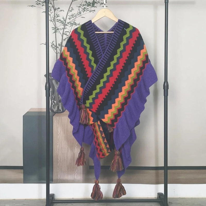 Women Ethnic Style Poncho Capes Ladies Fashion Stripe Colorful Knit Oversized Poncho Wrap Fringed Shawl Bohemian