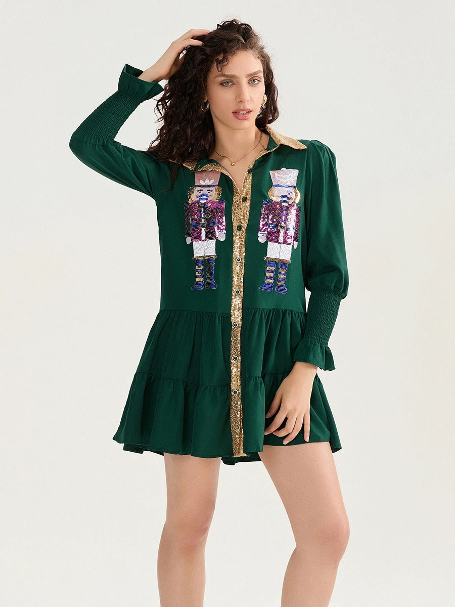 Women’s Sequin Christmas Shirt Dress Outfit Holiday Nutcracker Tiered Dress Sweatshirt Dress Long Sleeve Tiered Mini Sundress