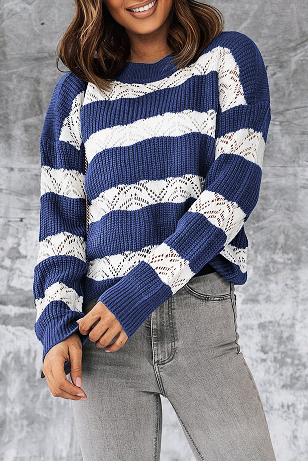 White Striped Colorblock Knit Sweater