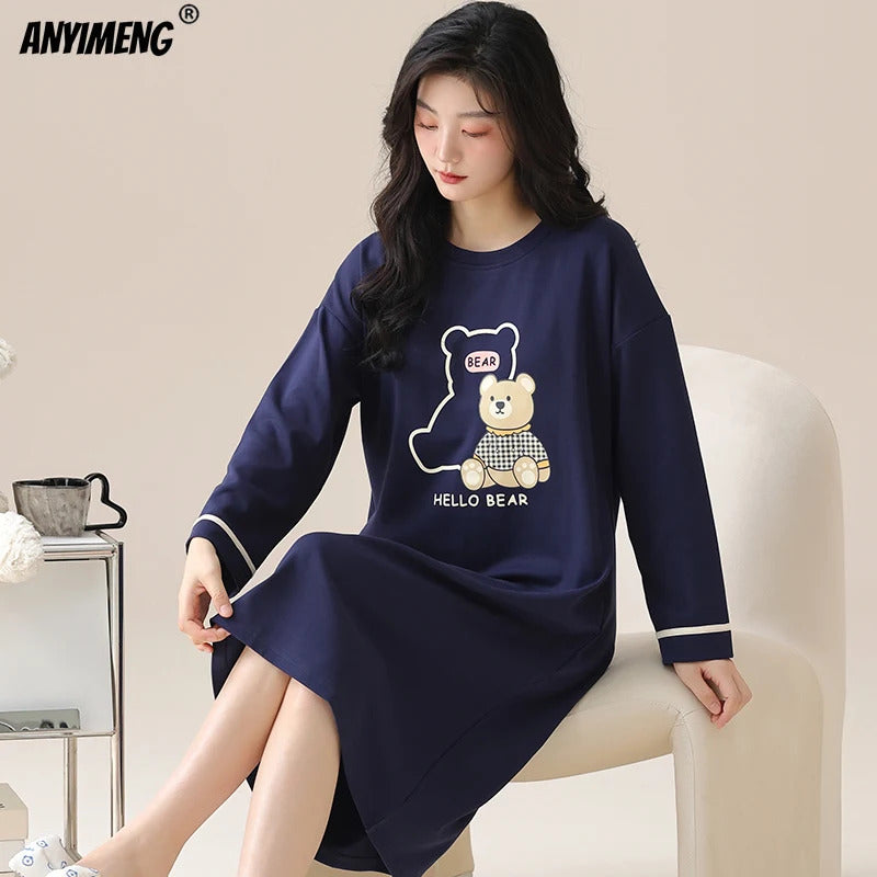 M-5XL Plus Size Autumn Spring Women Long Nightgowns Pullover Loose Bra Padded Sleepshirt Casual Cotton Nightdress Leisure Shirt