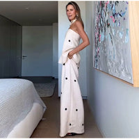 Women Chic Dot Print Wrapped Chest Strapless Tops Set Fashion Back Slit Zipper Top Wide Leg Pants Suit New Lady Holiday Outfit ﻿