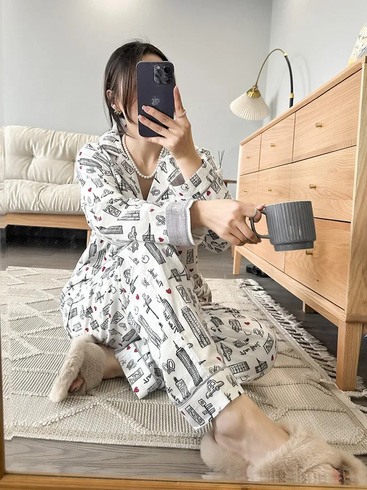 100% Cotton Pajamas for Women Loose Cartoon Long Sleeve Pants Loungewear Women 2 Piece Set Pj Women Outfit Sleepwear Set Pijamas