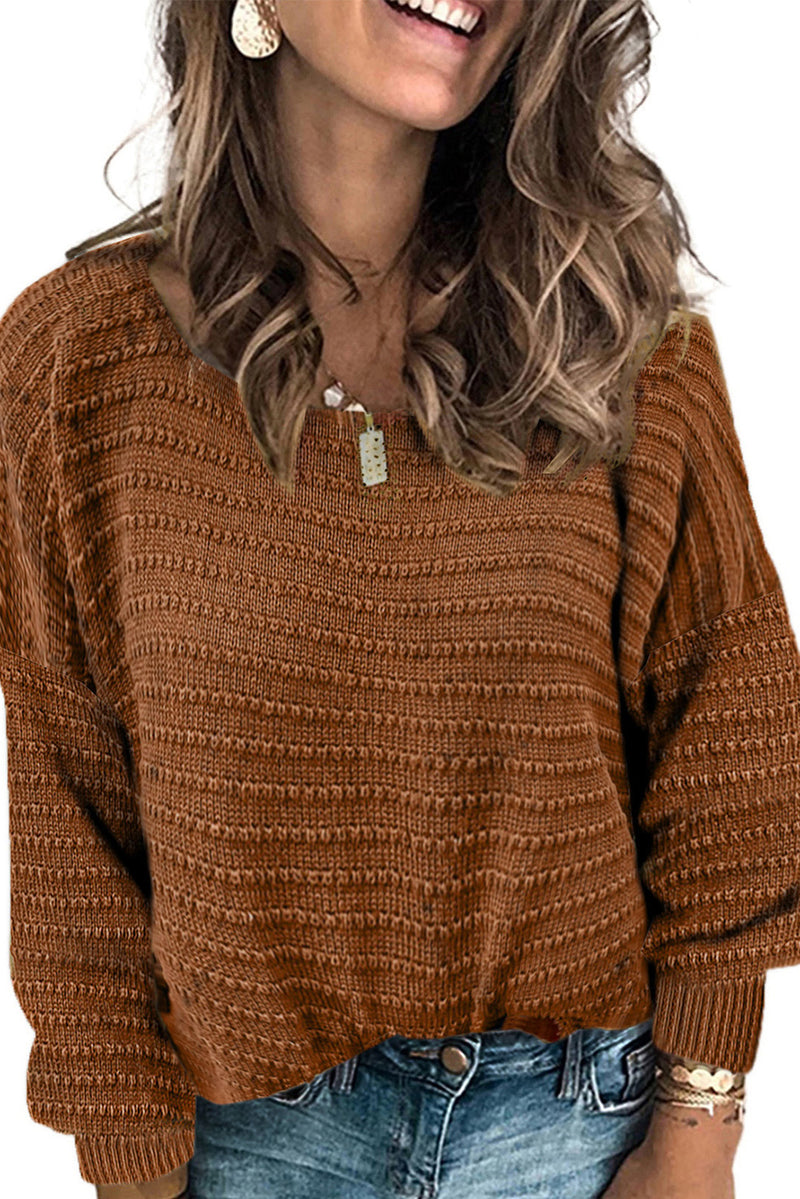 Brown Textured Knit Round Neck Dolman Sleeve Sweater