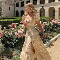 Dress Summer Fashion White Elegant Ladies Backless Clothes Puff Sleeve Floral Print Slit Long Dresses For Women New Arrival 2023