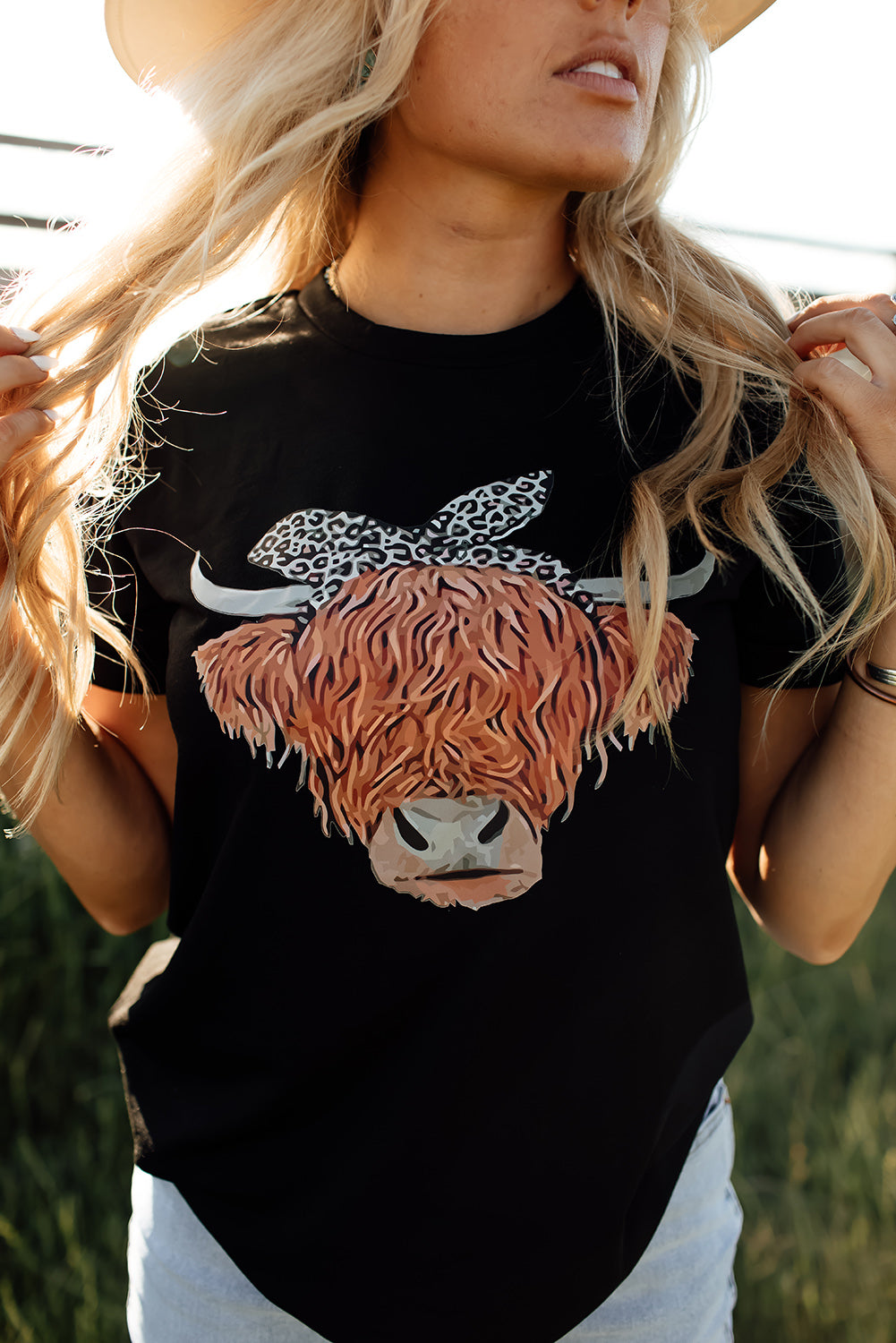 Black Western Cute Cow Head Printed Graphic Tee