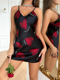 Valentine's Day Red Lip Print Satin Slip Nightdress V Neck Backless Mini Sleep Dress  Women's Sleepwear   Dresses