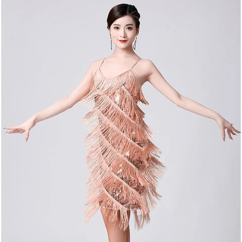 Women Sexy Tassel  Latin Dress Tiered Fringe Flapper Dress Evening Nightclub Dancing Fancy Costumes C-Neck Sequin Dress