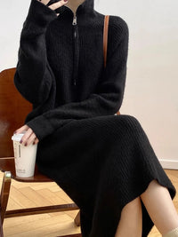 Zip-up Lapel Knitted dress Women Autumn and Winter Retro Long Turtleneck Sweater Dress Straight Thickened Long sleeve Base Skirt