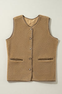 Camel Leather Contrast Side Pockets Buttoned Fleece Vest