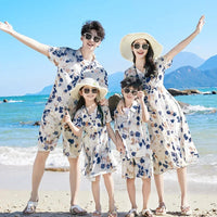 2024 Summer Holiday Family Vacation Look Clothes Dad and Son Shirts Two Piece Outfits Sets Mom and Daughter Short Sleeve Dress