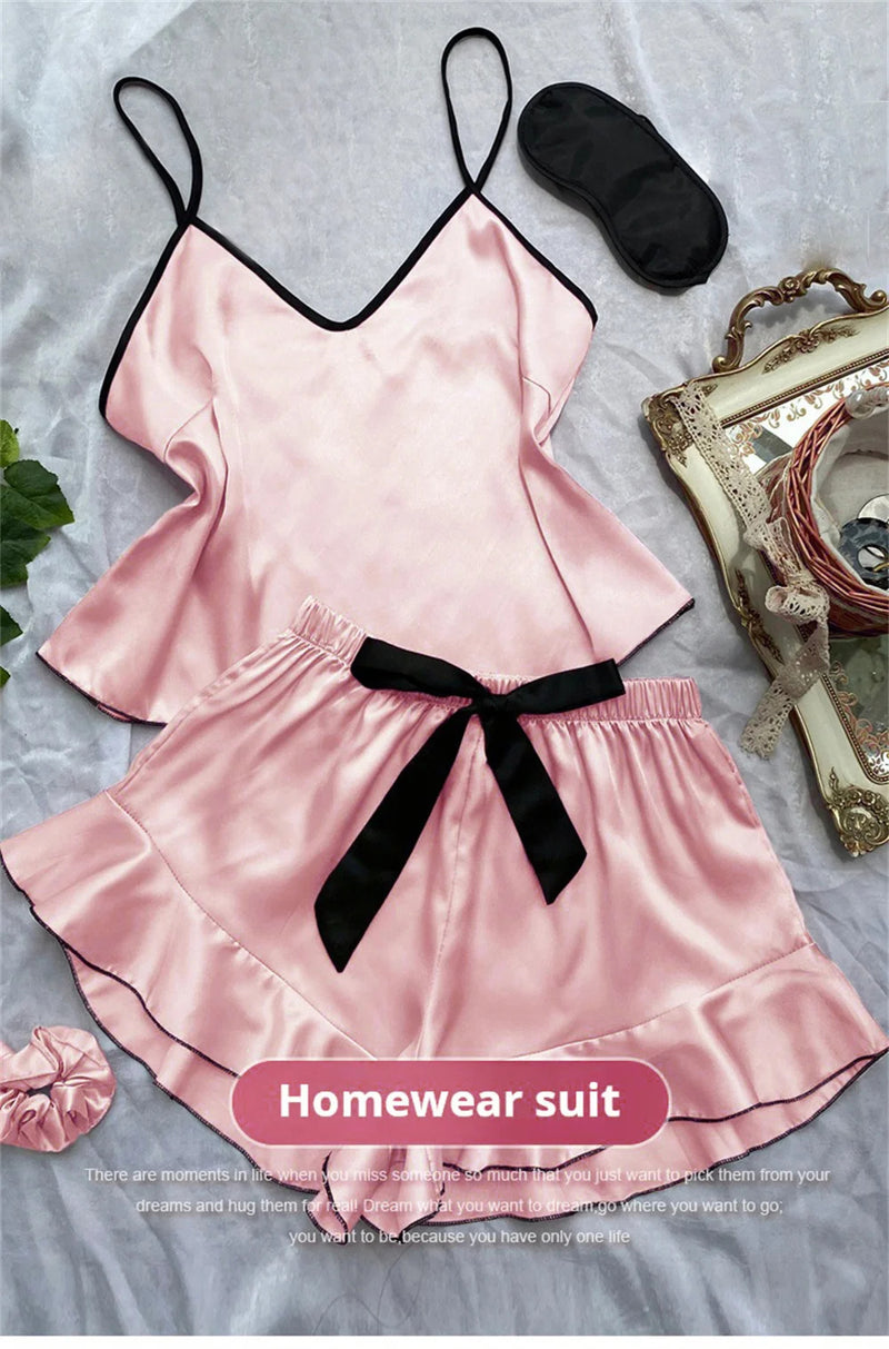 Women's Smooth Satin Pajamas V-Neck T-Shirt Ruffled Edges And Bow Shorts Simple And Breathable Pajama Set Sling Home Clothing