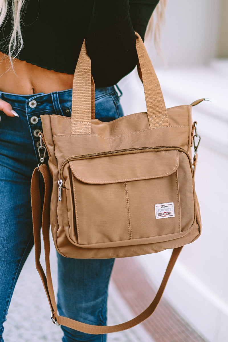 Light French Beige Multi Pockets Zipped Large Canvas Shoulder Bag