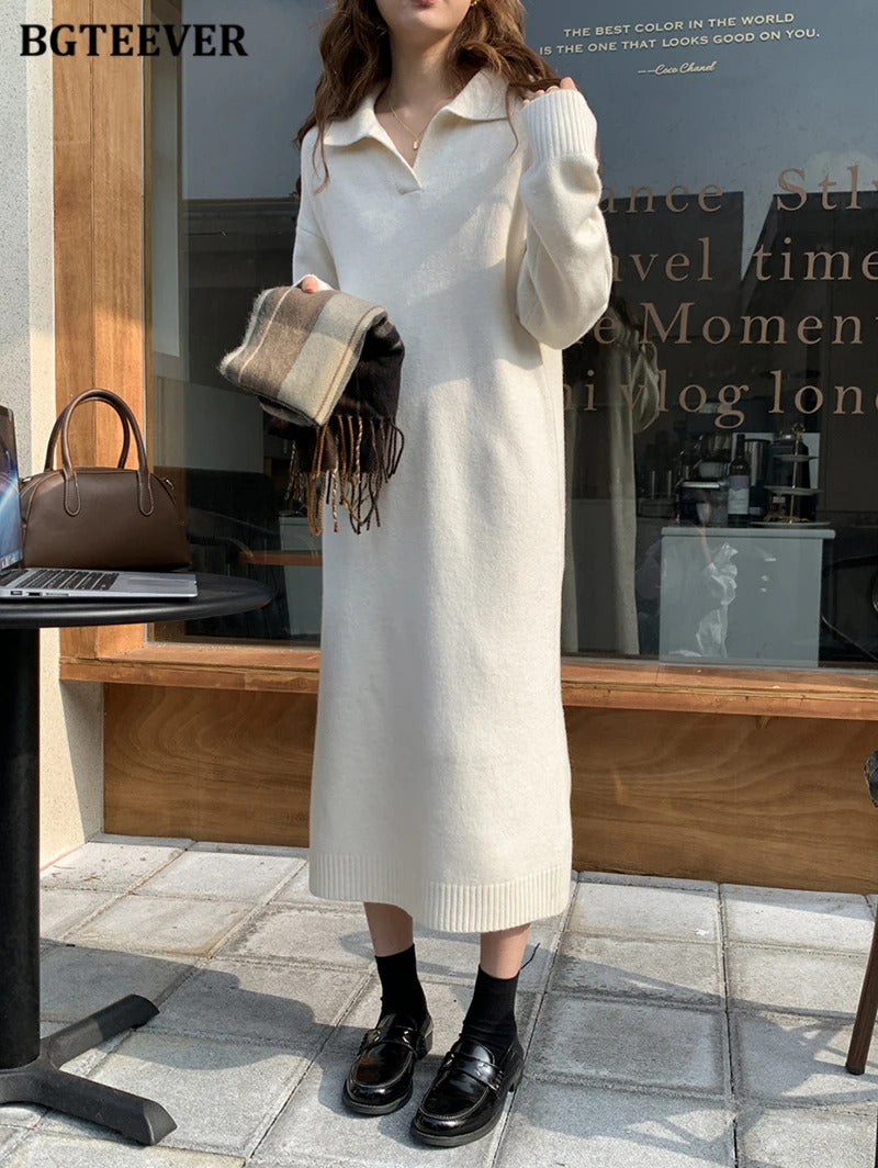 BGTEEVER Casual Thicken Warm Loose Sweater Dress Women Autumn Winter Lapel Full Sleeve Solid Long Knitted Dress Female vestidos